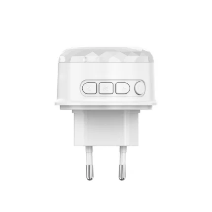 WAS-01P WiFi akıllı siren yandan, prize takılan fiş ve önceki ses, M, sonraki ses ve ses tuşları