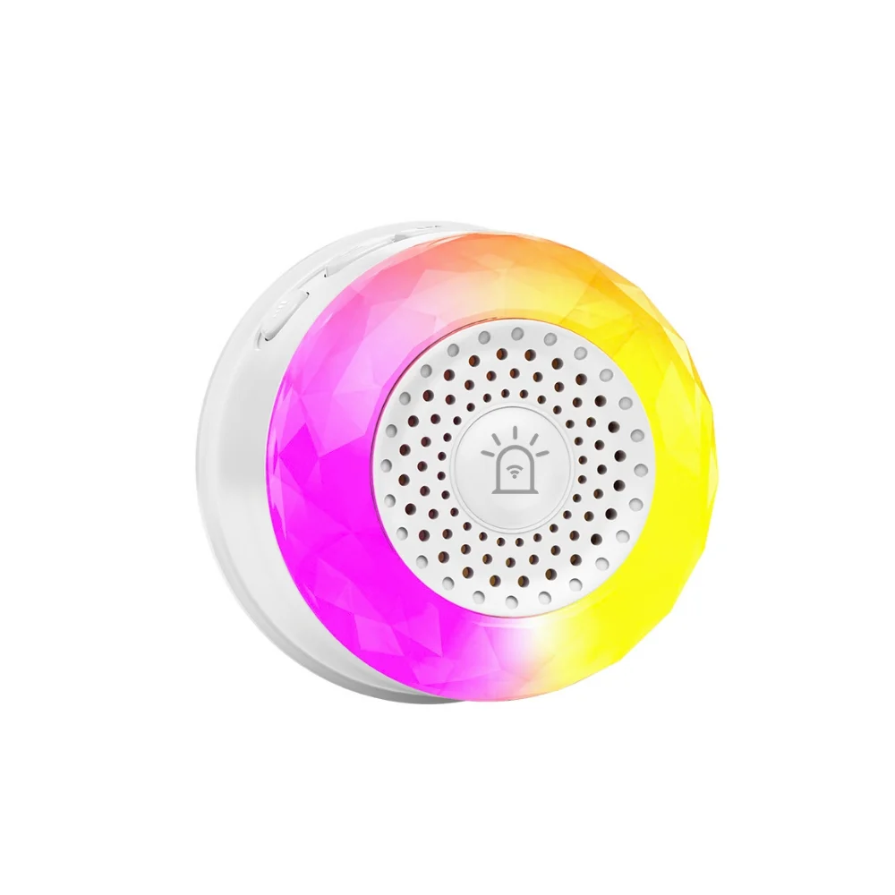 WAS-01P WiFi sesli akıllı siren önden, beyaz hoparlör ızgarası ve RGB ışık halkası