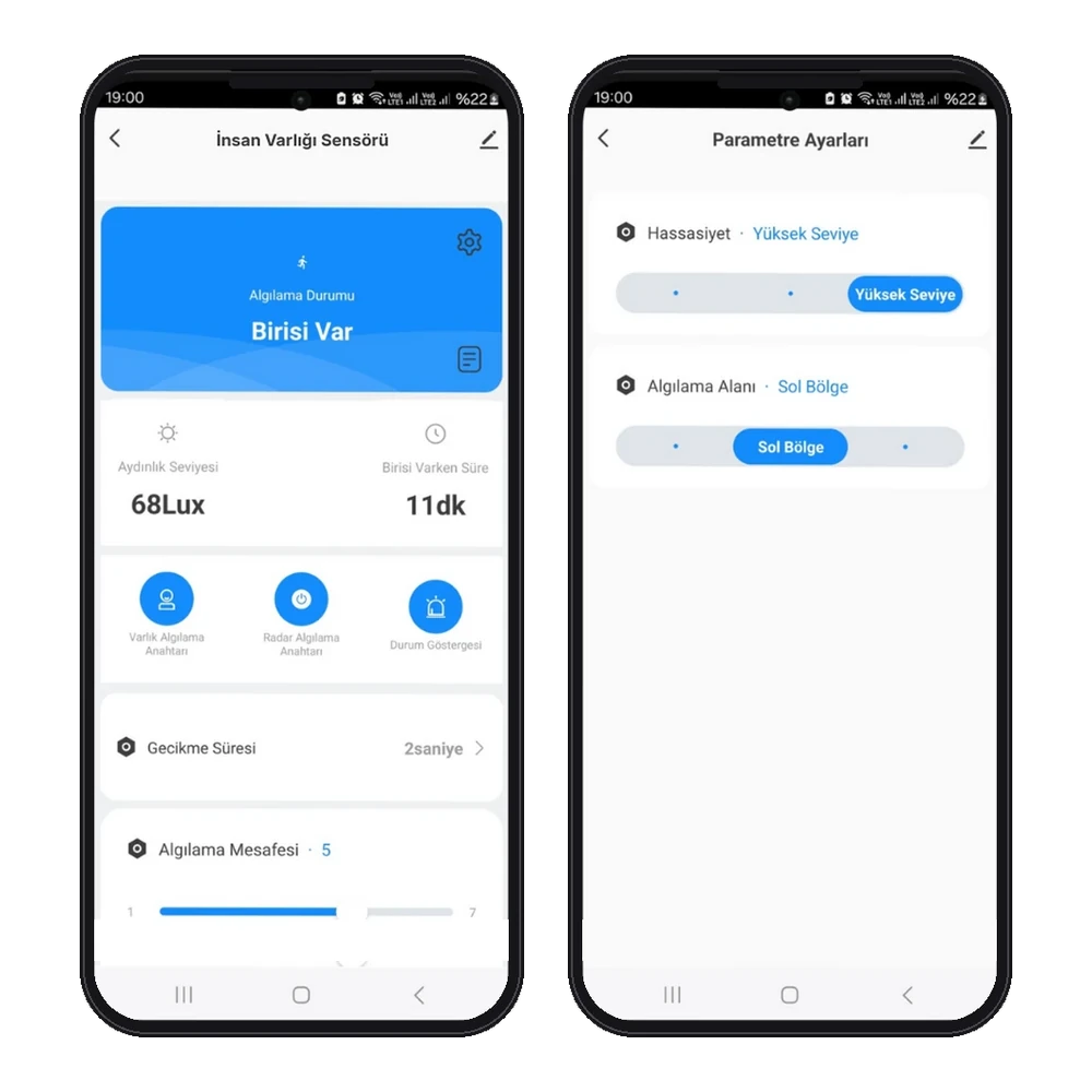 Smart Life uygulamasında İnsan Varlığı Sensörü ekranı: algılama durumu Birisi Var, aydınlık seviyesi, birisi varken süre, varlık ve radar algılama anahtarları, gecikme süresi, algılama mesafesi; parametre ayarlarında hassasiyet ve algılama alanı
