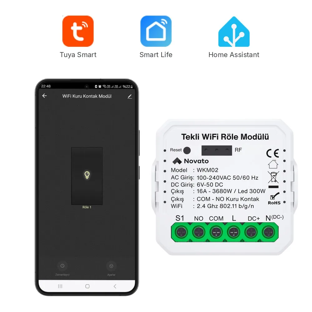 WKM02 tek kuru kontak röle ve Smart Life uygulama ekranı, Tuya Smart, Smart Life ve Home Assistant logoları