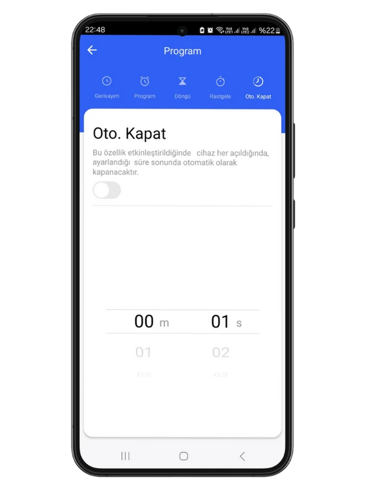 Smart Life uygulamasında Program sekmesi ve Oto. Kapat süre ayarı