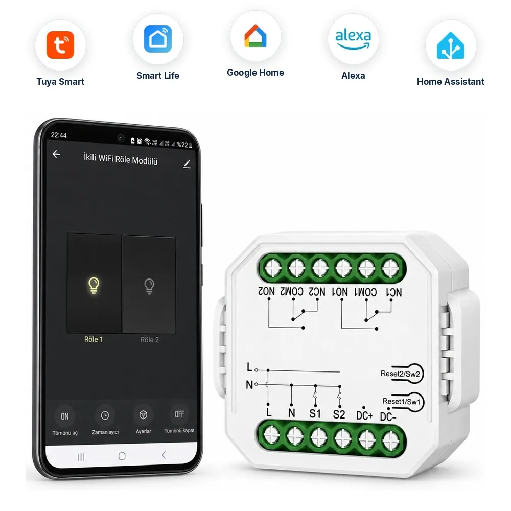 WKM03 çift kuru kontak röle ve Smart Life uygulama ekranı, Tuya Smart, Smart Life, Google Home, Alexa ve Home Assistant logoları