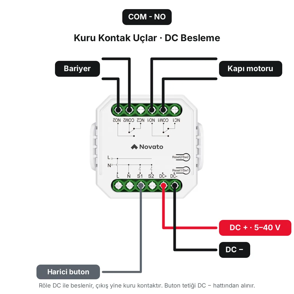 WKM03 çift kuru kontak röle; 5-40V DC besleme, kapı motoru ve bariyer için kuru kontak çıkış