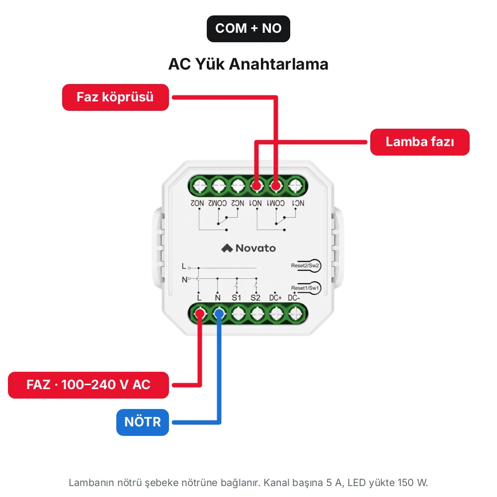 WKM03 rölenin COM ucuna faz köprüsüyle 220V lamba anahtarlama şeması