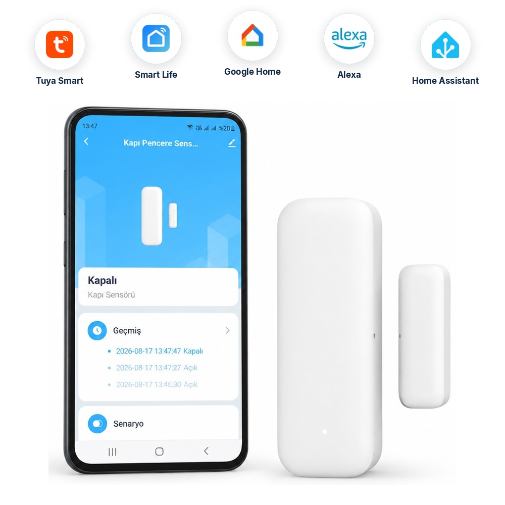 WKS-02 kapı pencere sensörü, Smart Life uygulama ekranı ve Tuya web paneli, Tuya Smart, Smart Life, Google Home, Alexa ve Home Assistant logoları