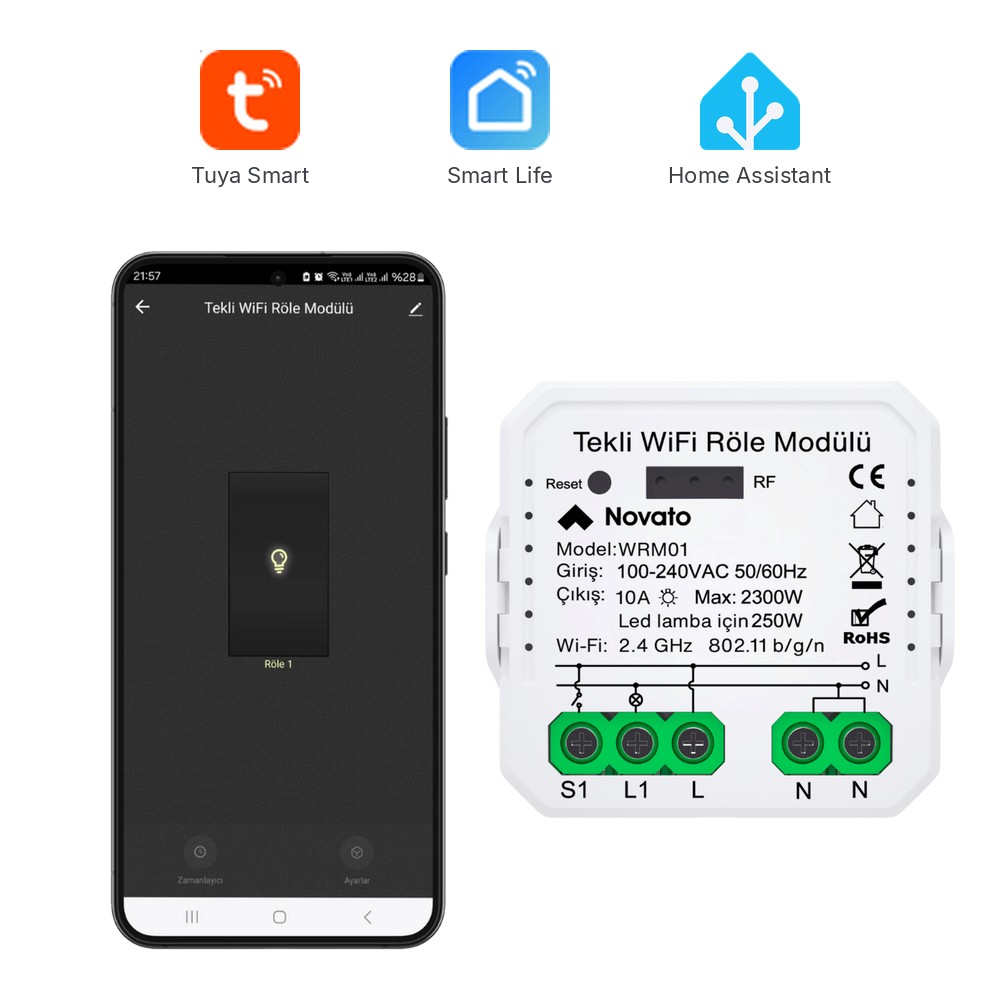WRM01 tek çıkışlı röle ve Smart Life uygulama ekranı, Tuya Smart, Smart Life ve Home Assistant logoları