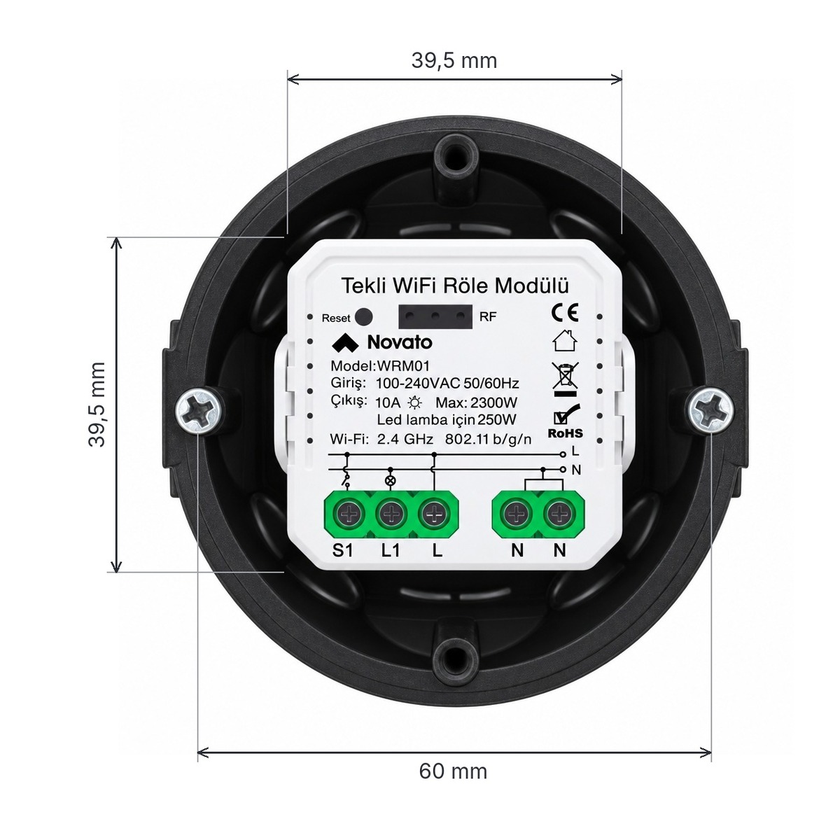 Siyah yuvarlak sıva altı kasanın içinde WRM01 röle modülü, ölçüler: modül 39,5 mm, kasa vida arası 60 mm