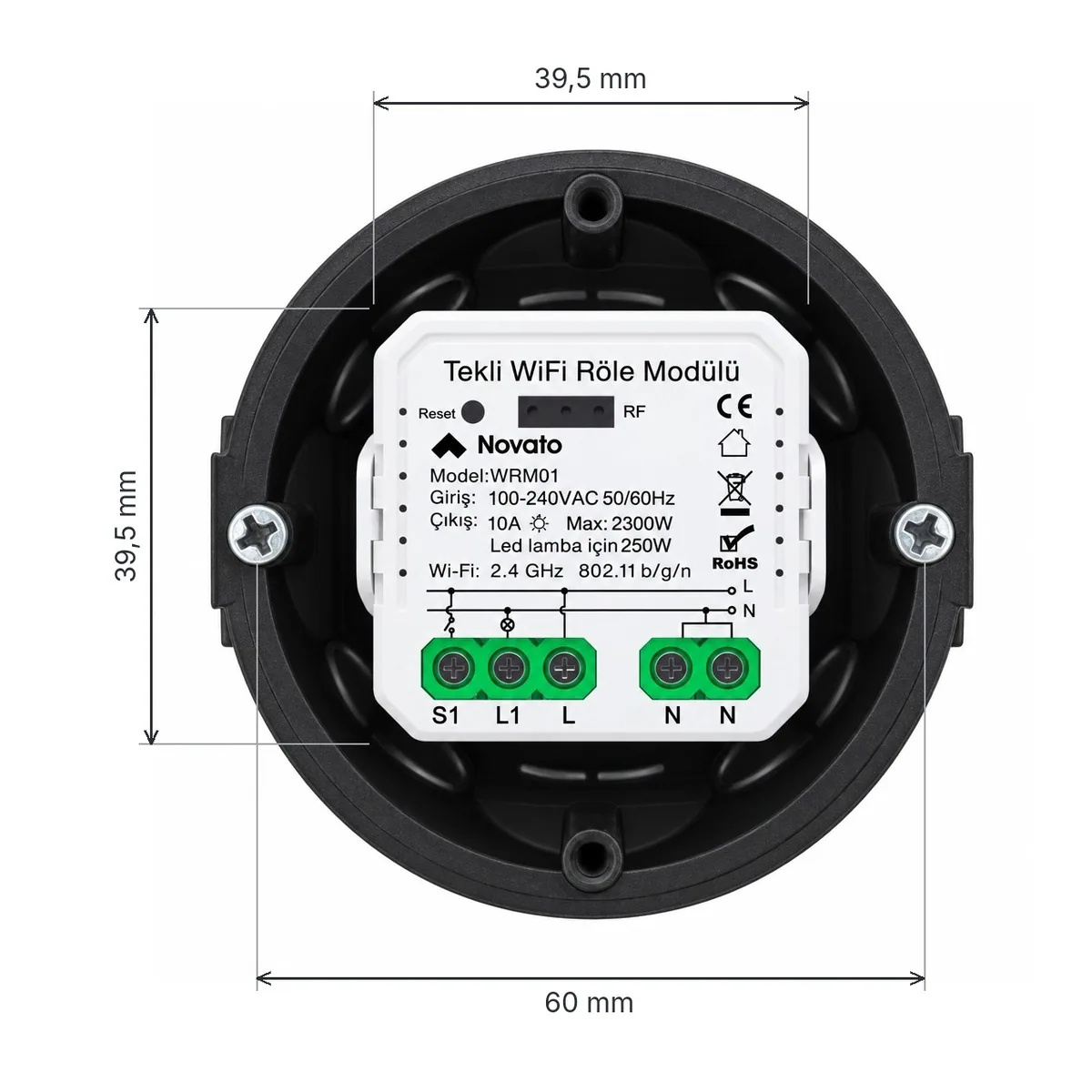 Siyah yuvarlak sıva altı kasanın içinde WRM01 röle modülü, ölçüler: modül 39,5 mm, kasa vida arası 60 mm