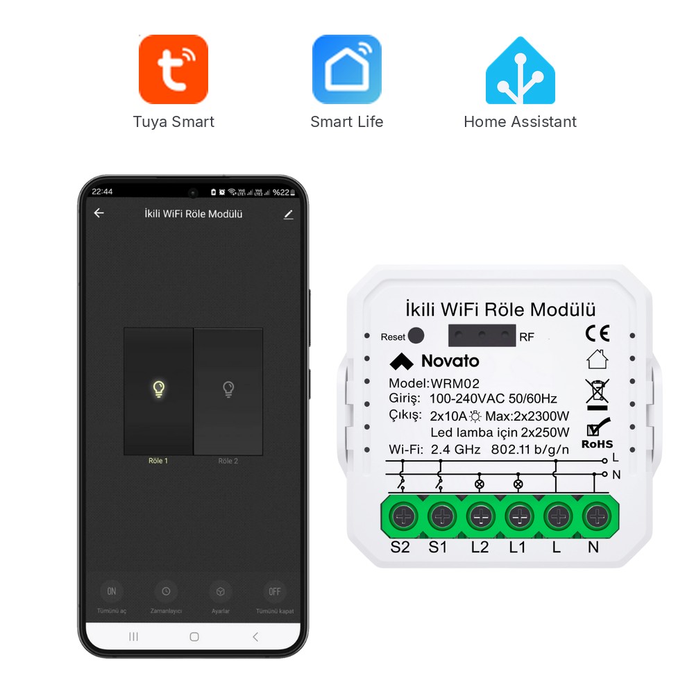 WRM02 çift çıkışlı röle ve Smart Life uygulama ekranı, Tuya Smart, Smart Life ve Home Assistant logoları
