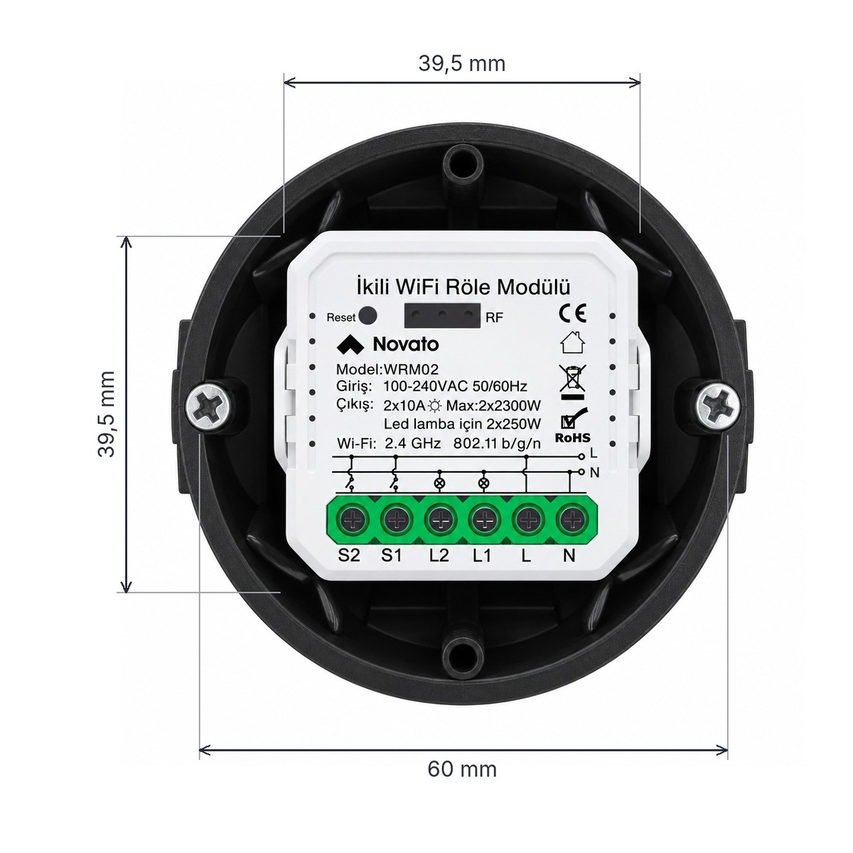 Siyah yuvarlak sıva altı kasanın içinde WRM02 röle modülü, ölçüler: modül 39,5 mm, kasa vida arası 60 mm