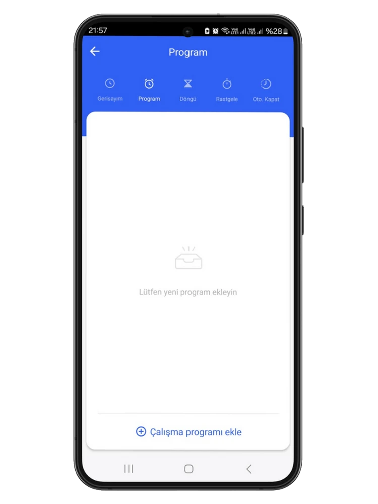 Smart Life uygulamasında Program sekmesi ve çalışma programı ekleme ekranı