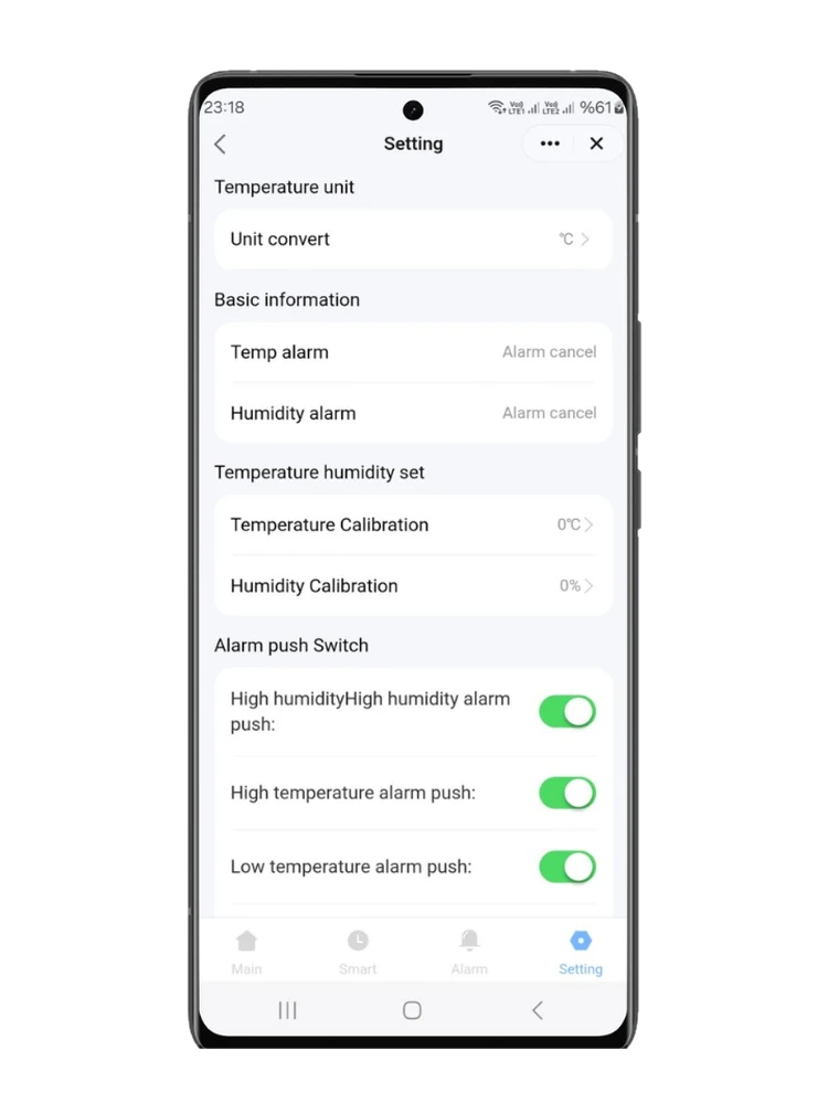 Smart Life uygulamasında birim, kalibrasyon ve alarm bildirim ayarları