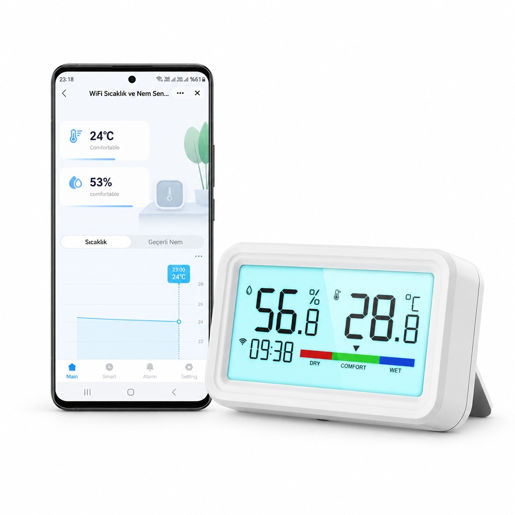 WiFi LCD ekranlı sıcaklık ve nem sensörü ve yanında Smart Life uygulamasının açık olduğu telefon