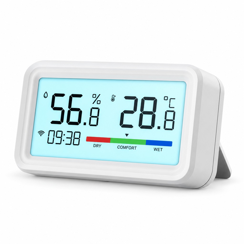 Arka ışıklı LCD ekranda nem, sıcaklık, saat ve konfor çubuğu, arkada katlanır ayak