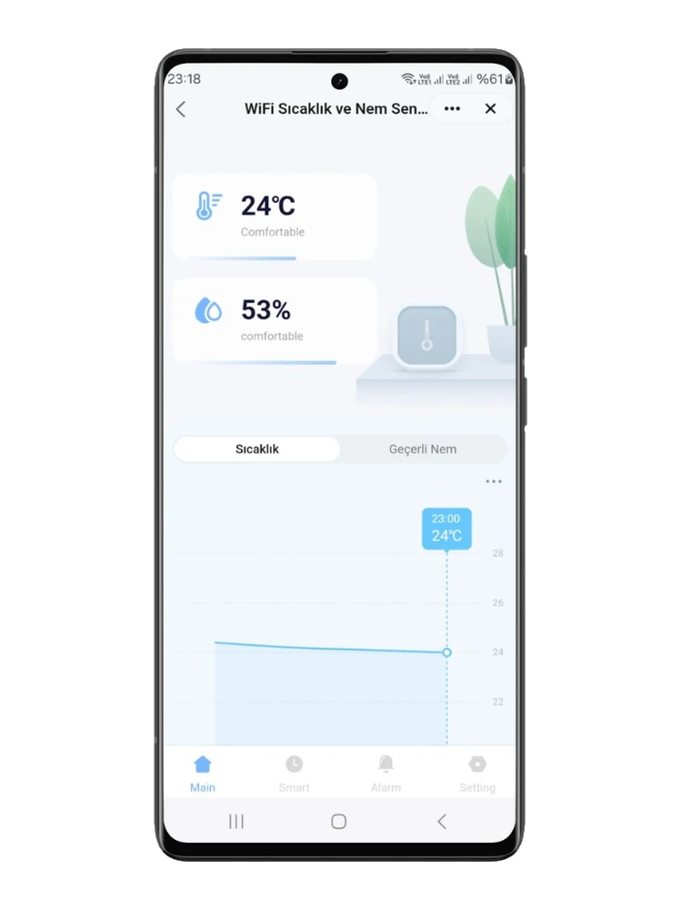 Smart Life uygulamasında anlık sıcaklık, nem ve geçmiş sıcaklık grafiği
