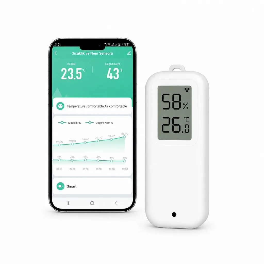 Beyaz zeminde mini ekranlı WiFi sıcaklık ve nem sensörü, yanında Smart Life uygulamasının açık olduğu telefon