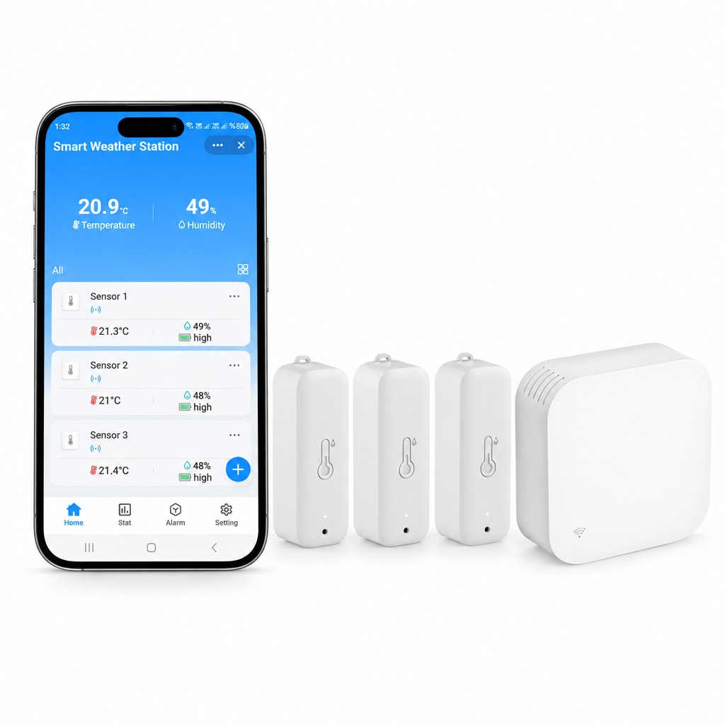 WiFi RF hava istasyonunun ağ geçidi, üç sıcaklık nem sensörü ve Sensör 1, Sensör 2, Sensör 3 kartlarının göründüğü telefon ekranı