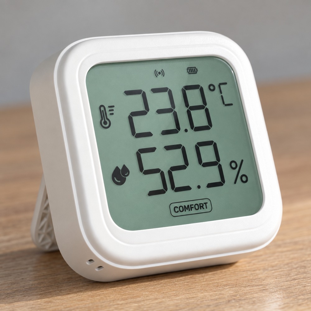 WSN-01P LCD ekranında sıcaklık, nem ve COMFORT konfor göstergesi yakın plan