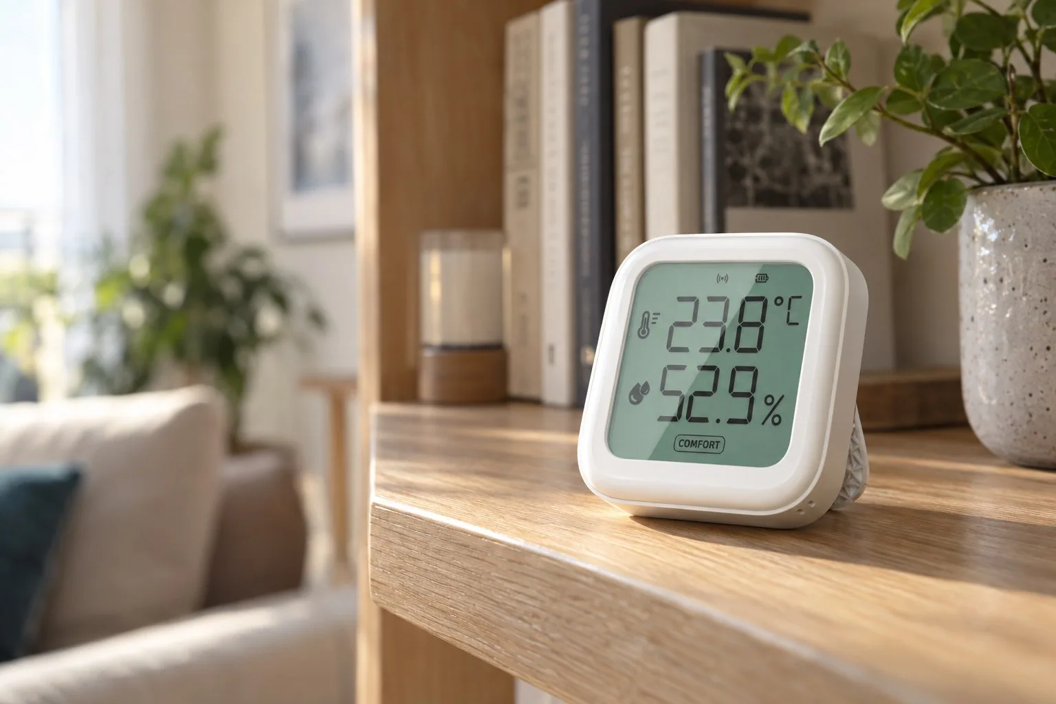 Salondaki ahşap kitaplık rafında duran beyaz WSN-01P sensörü, ekranda 23,8 °C ve %52,9 nem