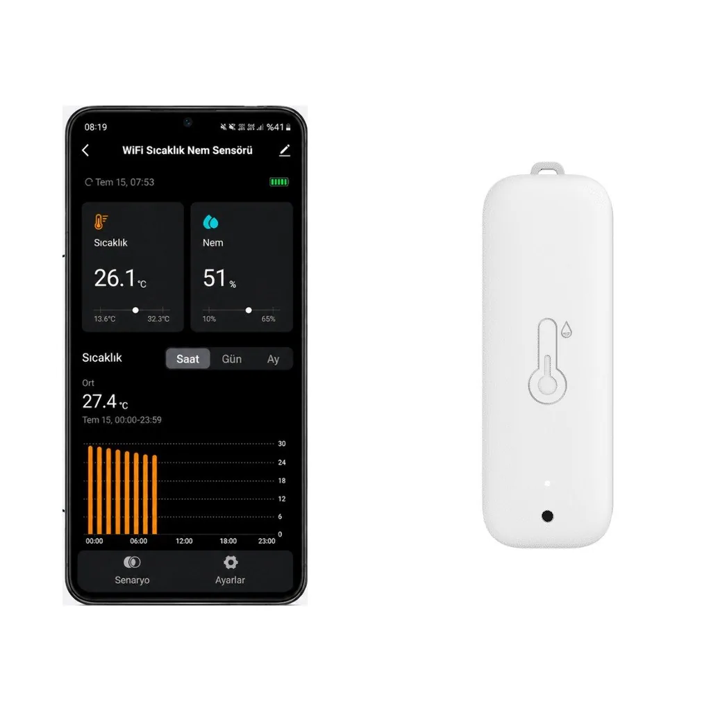 Solda telefonda WSN-03P sensörün Türkçe uygulama ekranı, sağda beyaz Wi-Fi sıcaklık ve nem sensörü