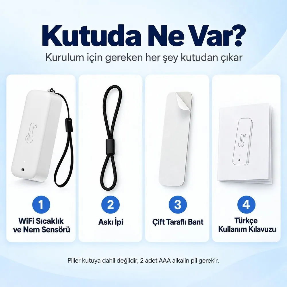 Kutudan çıkanlar: WSN-03P sensör, askı ipi, çift taraflı bant ve Türkçe kullanım kılavuzu