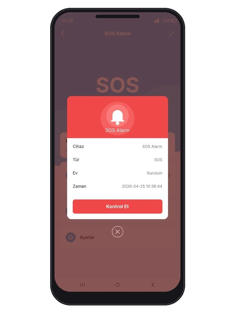 Smart Life uygulamasında SOS Alarm ekranı, üstte kırmızı uyarı penceresi: cihaz, tür, ev, zaman bilgisi ve Kontrol Et düğmesi