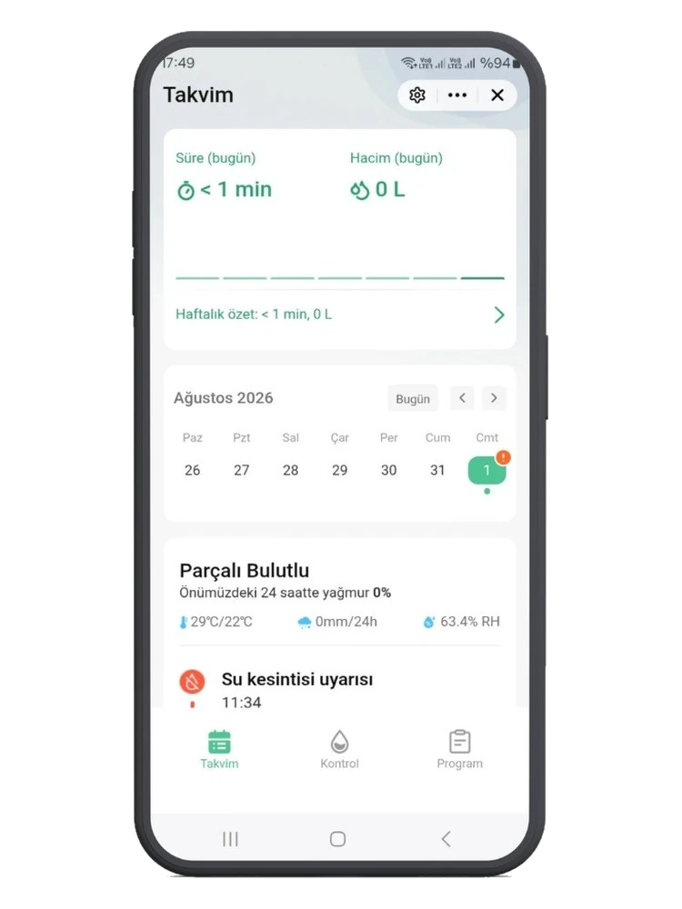 Smart Life uygulamasında takvim ekranı: parçalı bulutlu, önümüzdeki 24 saatte yağmur yüzde 0, günlük sulama kayıtları, su kesintisi uyarısı