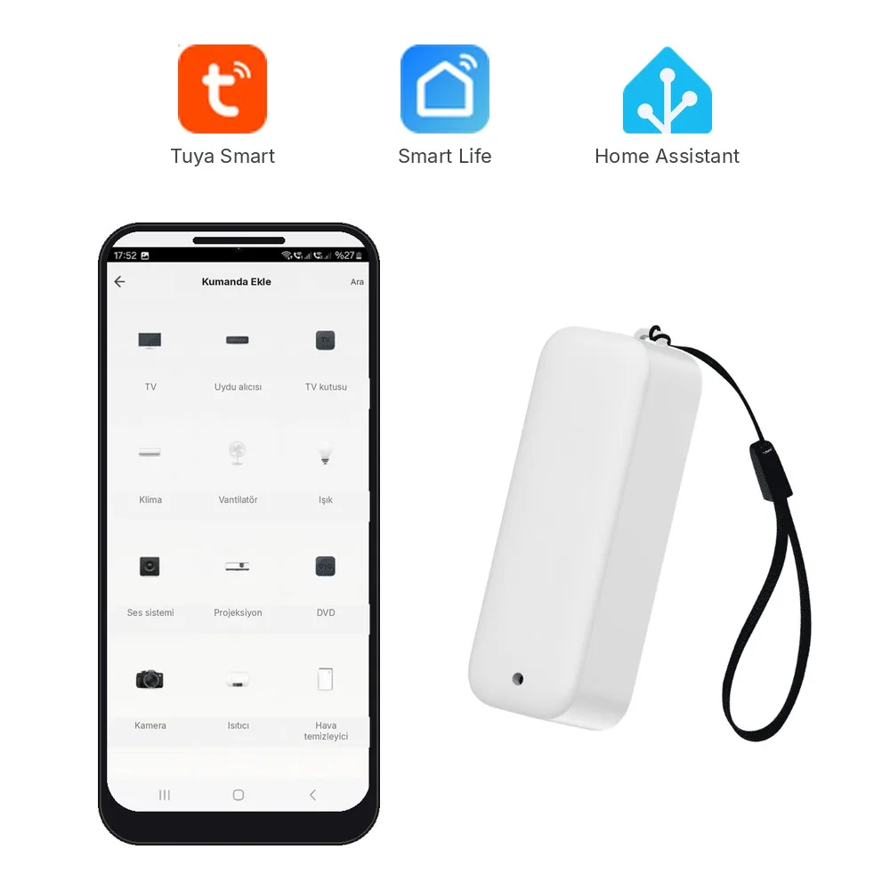 Solda telefonda kumanda ekle ekranı, sağda ipli beyaz çubuk Zigbee pilli IR kumanda, üstte Tuya Smart, Smart Life ve Home Assistant logoları