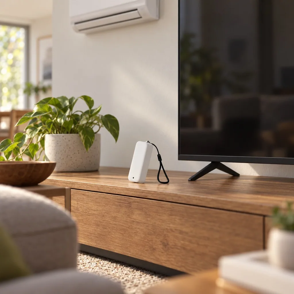 Televizyon ünitesinde dik duran ipli beyaz çubuk Zigbee pilli IR kumanda, üstte klima