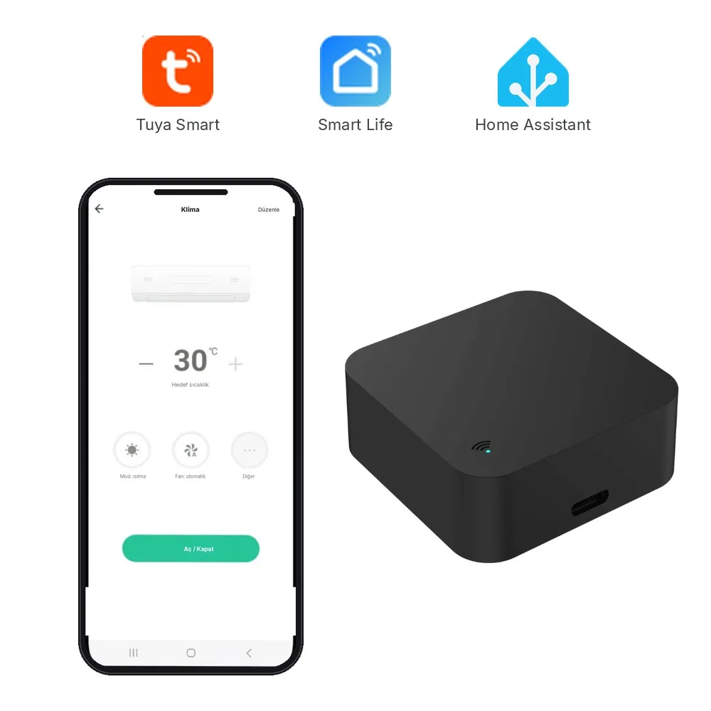 Solda telefonda klima kumanda ekranı, sağda siyah kare Zigbee IR kumanda cihazı, üstte Tuya Smart, Smart Life ve Home Assistant logoları