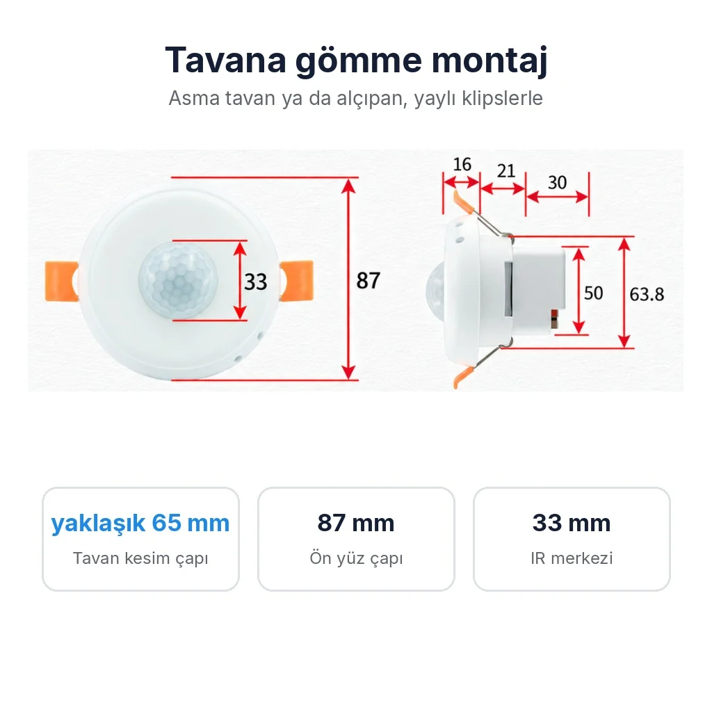 Üretici ölçü çizimi: ön yüz çapı 87 mm, IR merkezi 33 mm, yandan 16, 21, 30, 50 ve 63,8 mm ölçüler; tavan kesim çapı yaklaşık 65 mm