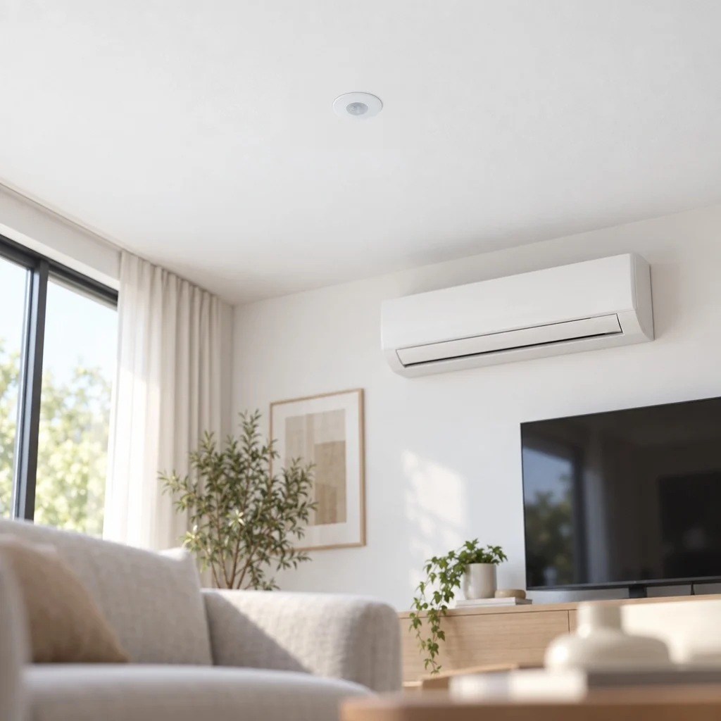 Salonun beyaz tavanına gömülü yuvarlak ZAK-04 Zigbee IR kumanda, aynı odada duvarda split klima ve televizyon