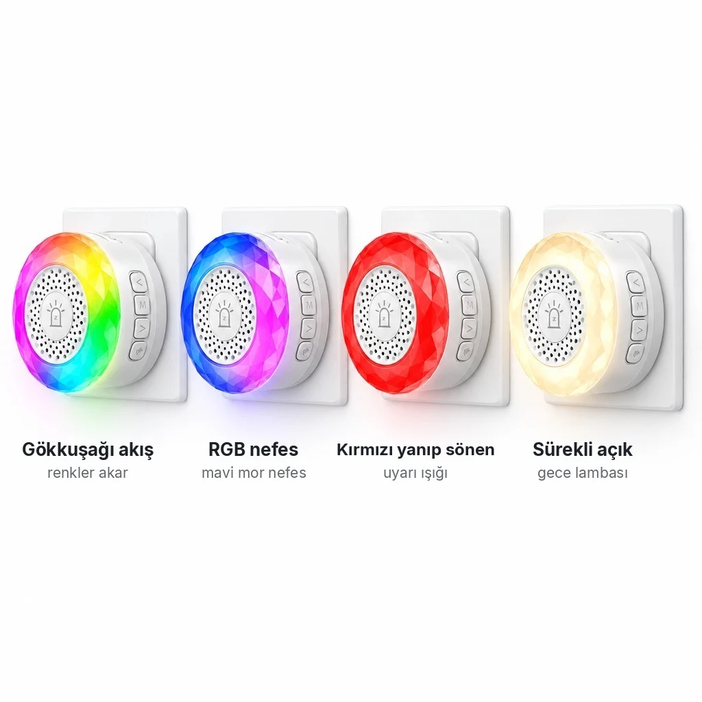 Yan yana dört prize takılı Zigbee siren, ışık halkaları gökkuşağı akış, RGB nefes, kırmızı ve sürekli açık beyaz modda