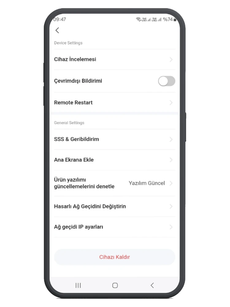 Smart Life uygulamasında köprünün ayar ekranı: cihaz incelemesi, çevrimdışı bildirimi, uzaktan yeniden başlatma, ürün yazılımı güncelleme, hasarlı ağ geçidini değiştirme ve ağ geçidi IP ayarları