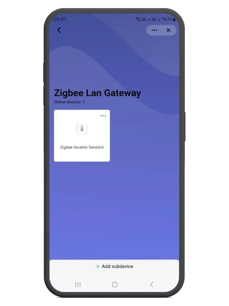 Smart Life uygulamasında Zigbee LAN Gateway sayfası: çevrimiçi cihaz sayısı, bağlı Zigbee sıcaklık sensörü kartı ve alt cihaz ekle düğmesi