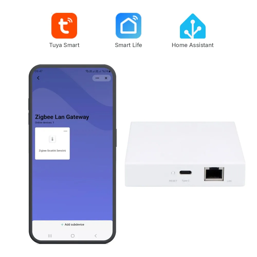 Beyaz kare Zigbee LAN köprüsü ve telefonda köprünün cihaz sayfası, Tuya Smart, Smart Life ve Home Assistant logoları