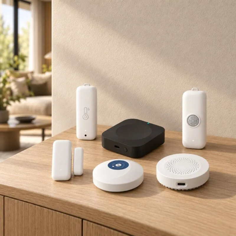 Meşe konsolda Tuya uyumlu Zigbee akıllı ev başlangıç seti