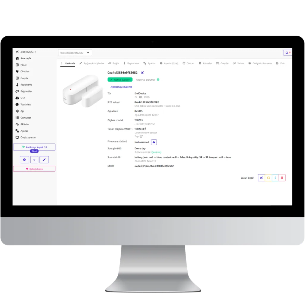 Zigbee2MQTT arayüzünde ZKS-02 kapı pencere sensörünün cihaz sayfası: Zigbee model TS0203, _TZ3000_ywqnvvi2, Native support, kapı, pil ve sabotaj durumu