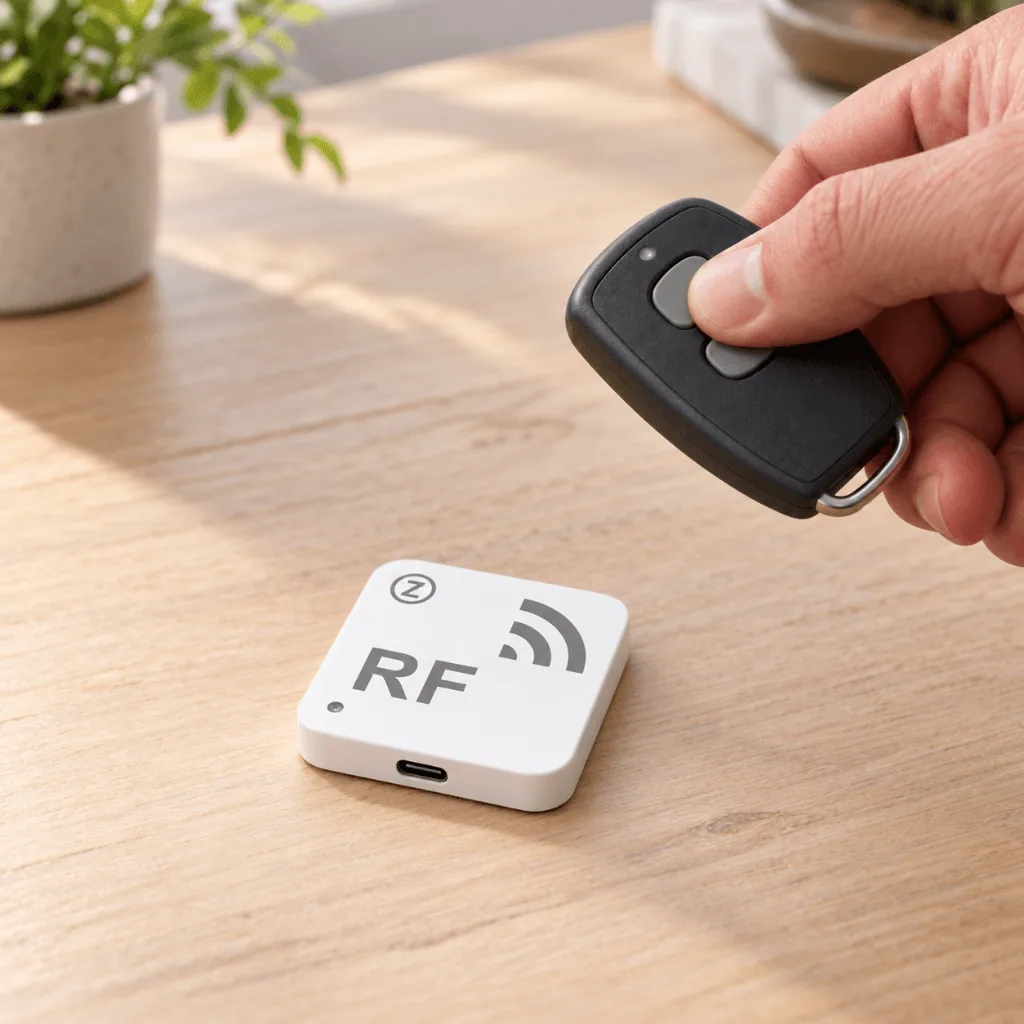Ahşap masadaki beyaz kare Zigbee RF kopyalayıcıya siyah iki tuşlu kumanda yaklaştırılıyor, başparmak kumandanın tuşuna basıyor