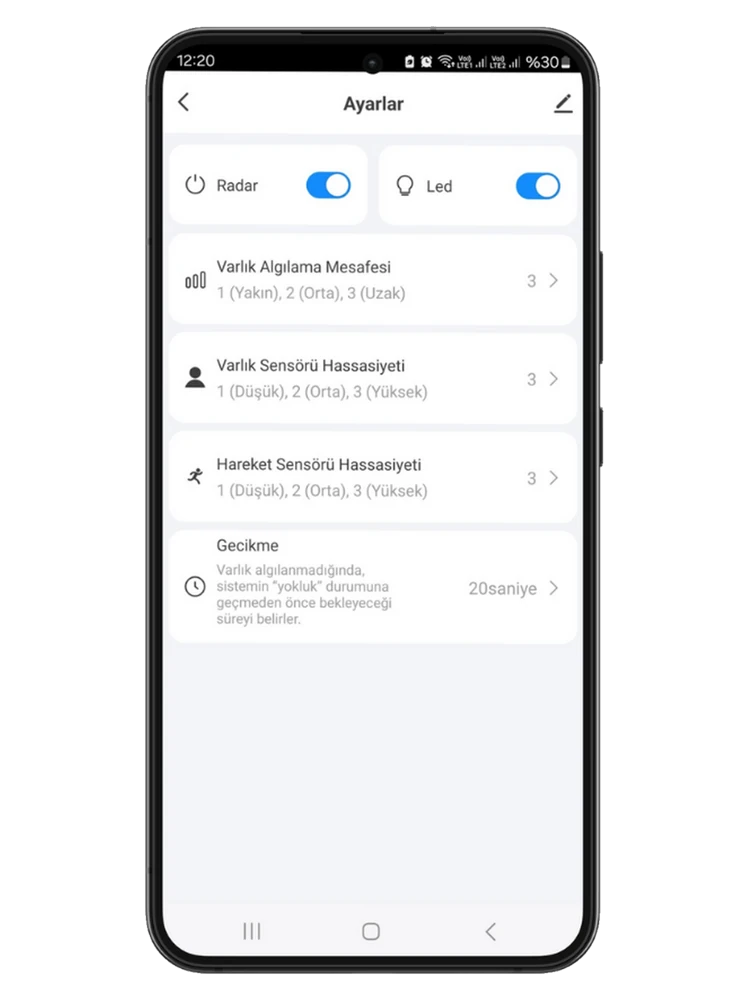 Smart Life uygulamasında sensör ayarları, radar, LED, algılama mesafesi, hassasiyet ve gecikme