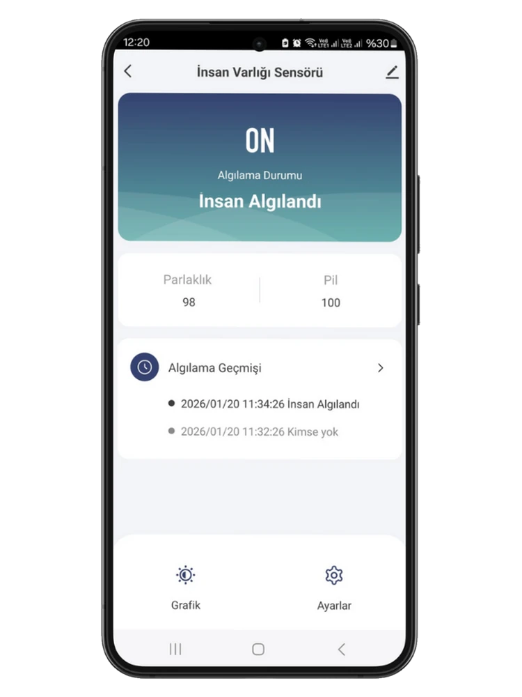 Smart Life uygulamasında insan varlığı sensörü ekranı, algılama durumu, parlaklık, pil ve algılama geçmişi