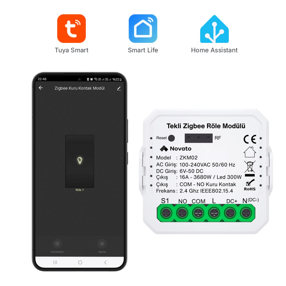 ZKM02 tek kuru kontak Zigbee röle ve Smart Life uygulama ekranı, Tuya Smart, Smart Life ve Home Assistant logoları