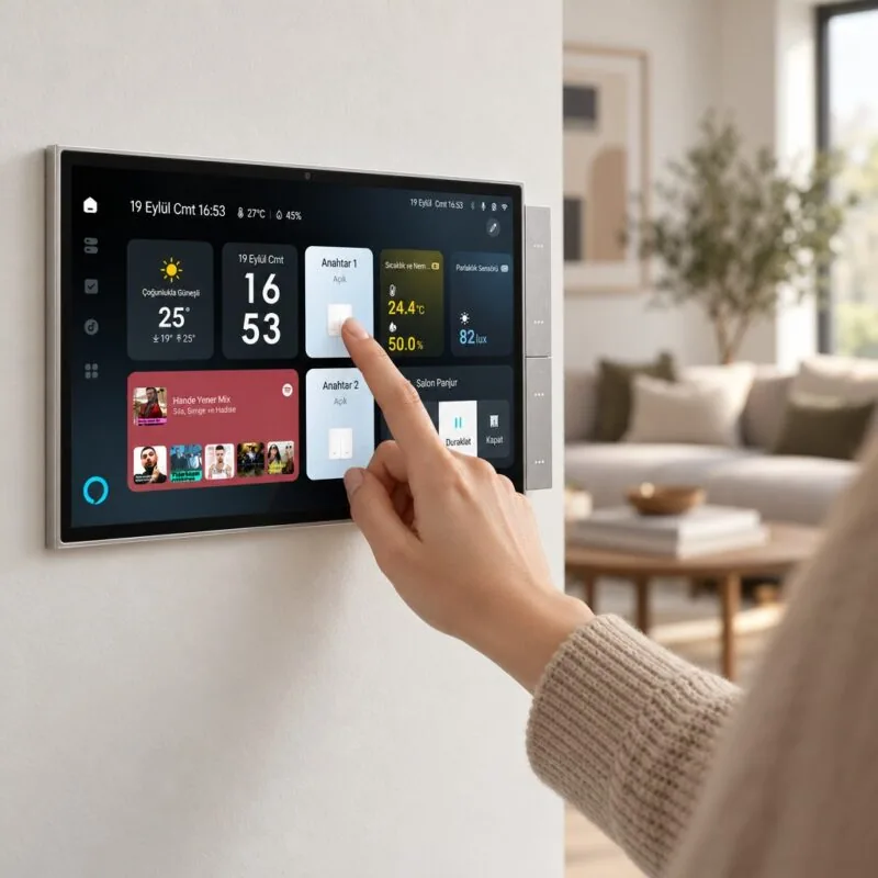 Salon duvarındaki Tuya uyumlu Zigbee 10.1 inç akıllı ev kontrol paneline dokunan el
