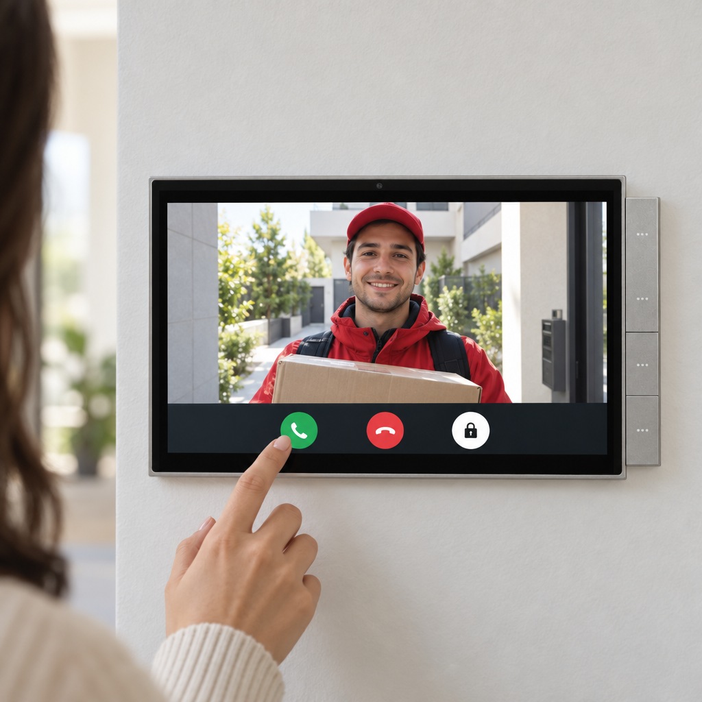 Panel ekranında görüntülü interkom araması, kapıdaki ziyaretçi ve kilit açma düğmesi