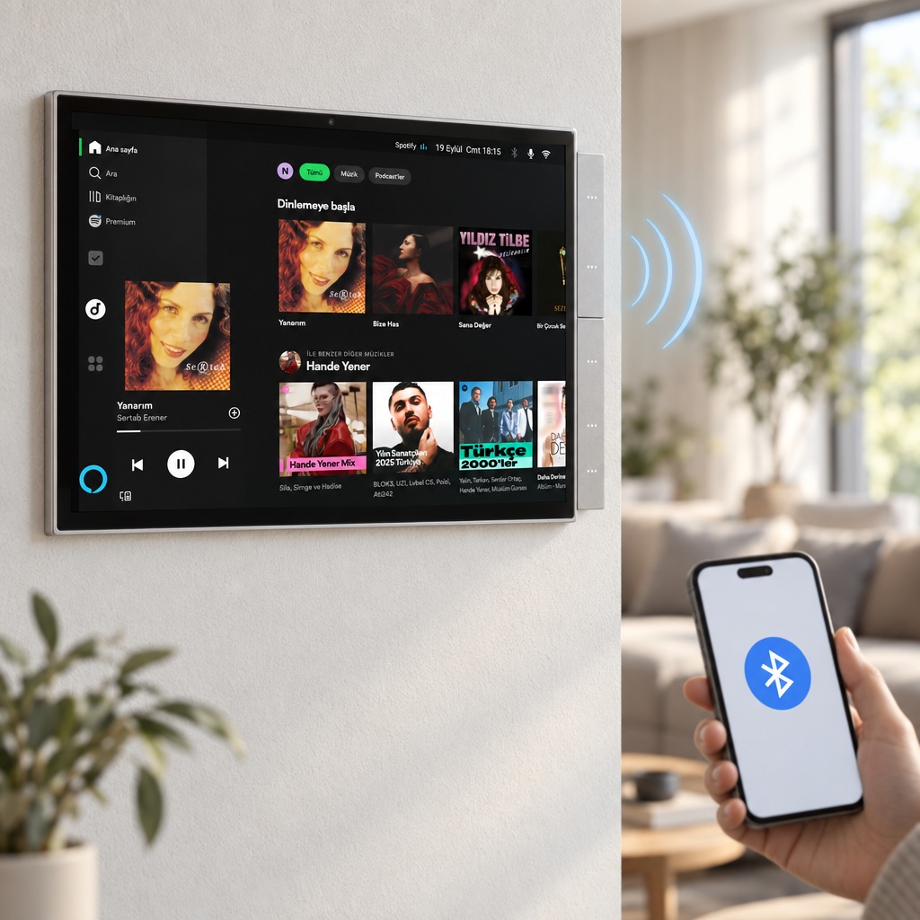 Panel ekranında müzik çalıyor, elde Bluetooth ile bağlı telefon