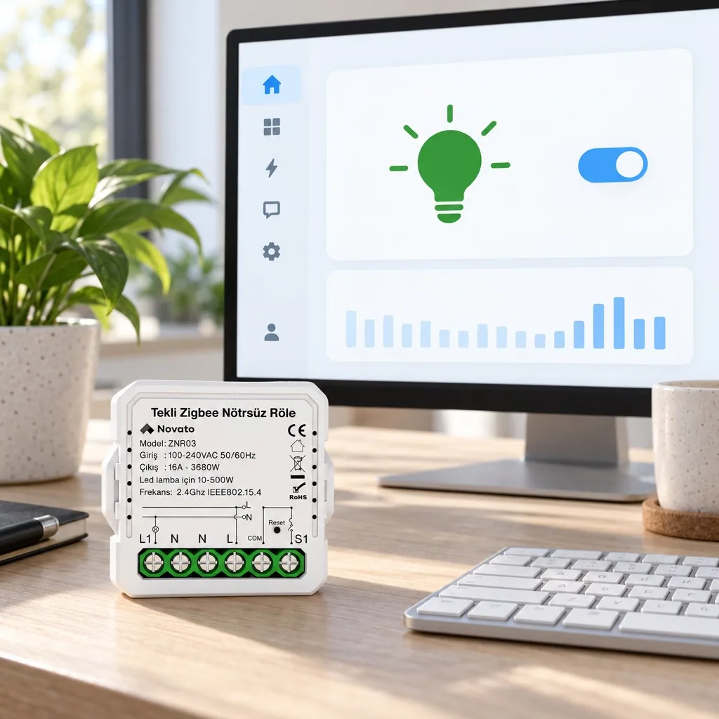Home Assistant panelinde anahtar kartı, masada ZNR03 nötrsüz modül