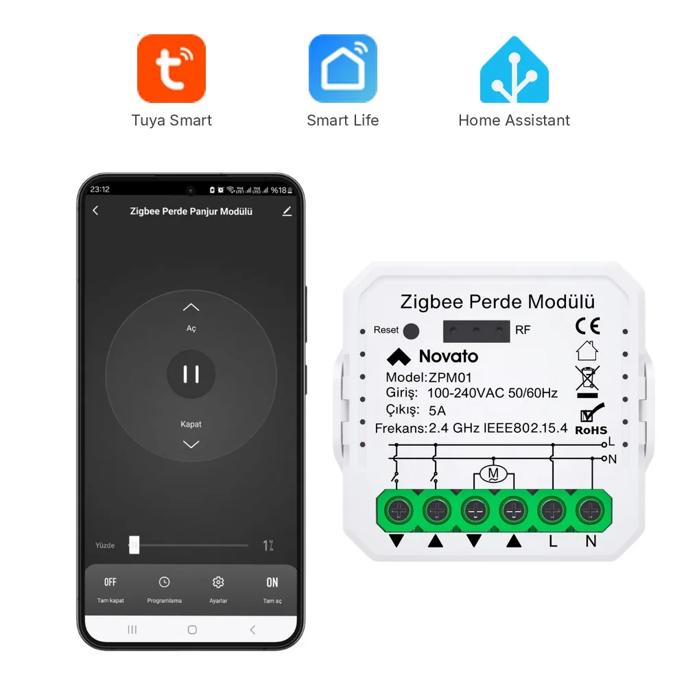 ZPM01 Zigbee perde panjur rölesi ve Smart Life uygulama ekranı, Tuya Smart, Smart Life ve Home Assistant logoları
