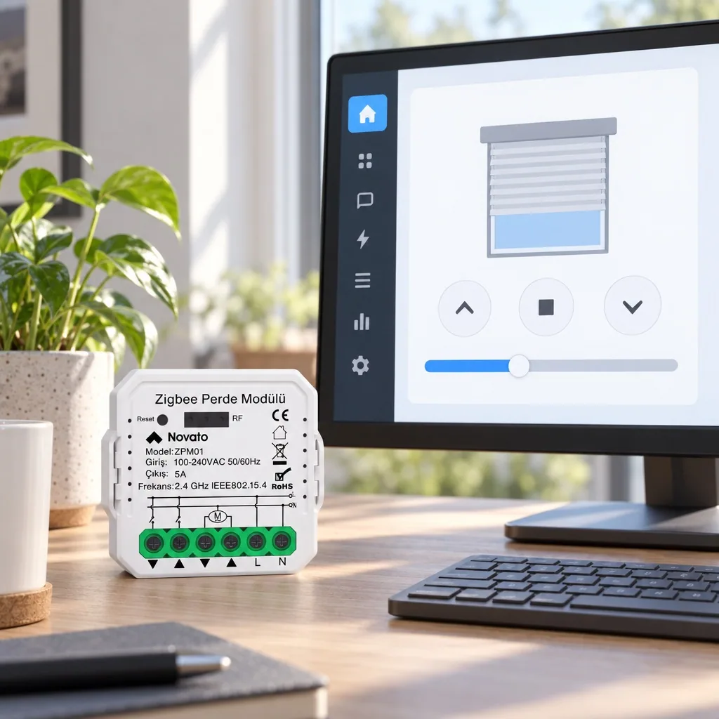 Home Assistant panelinde perde kartı, masada ZPM01 modülü