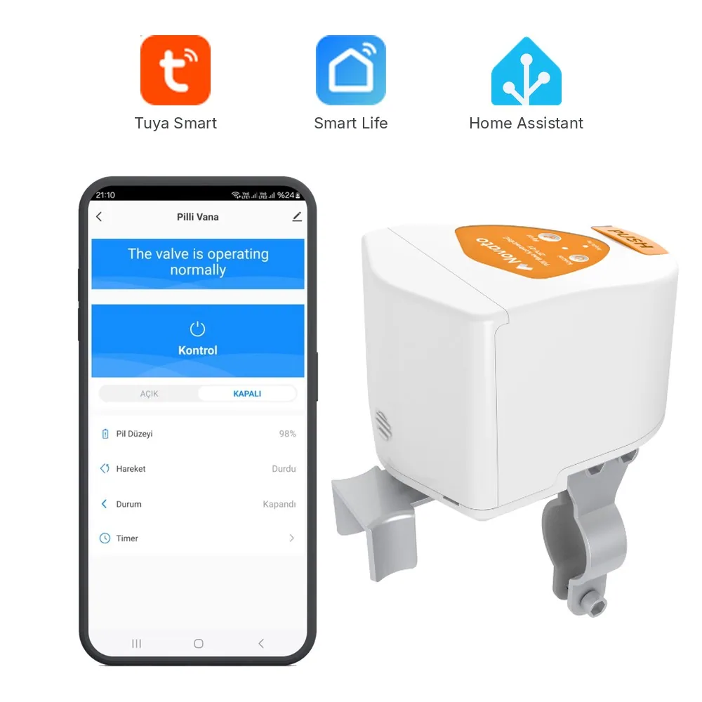 ZPV-01 pilli vana kontrolcüsü, telefonda vana kontrol ekranı, Tuya Smart, Smart Life ve Home Assistant logoları