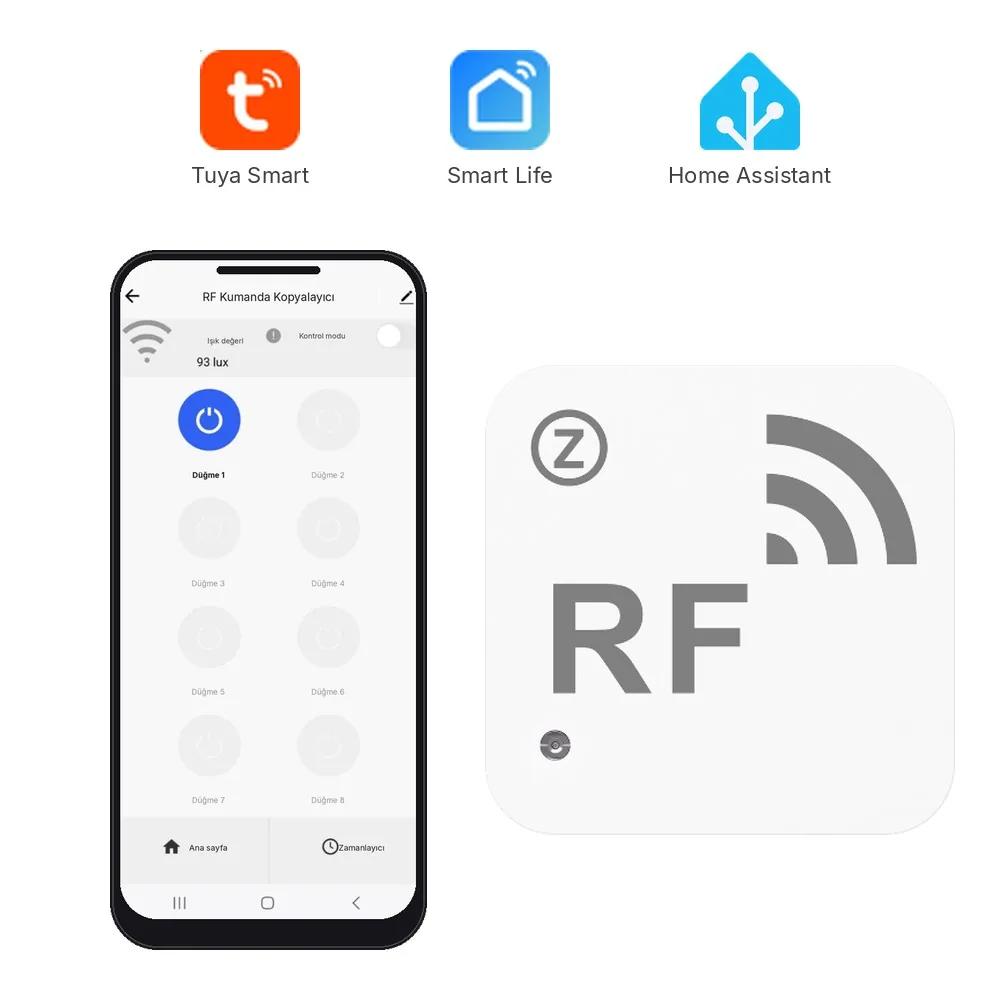 Solda telefonda RF kumanda kopyalayıcı ekranı, sağda beyaz kare Zigbee RF kopyalayıcı, üstte Tuya Smart, Smart Life ve Home Assistant logoları